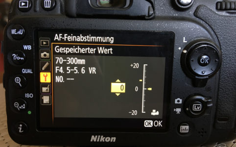 Ansicht des Displays einer Nikon D7100 DSLR während der AF Feinabstimmung mit der DOT Tune Methode
